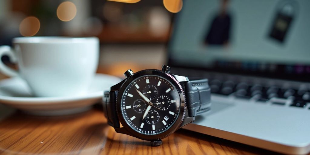 Stylish wristwatch on a wooden table.