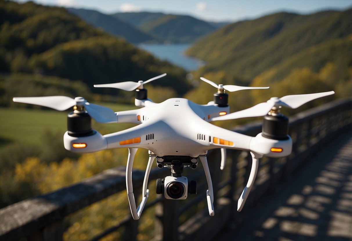 A drone hovers over a bridge, inspecting a section up close