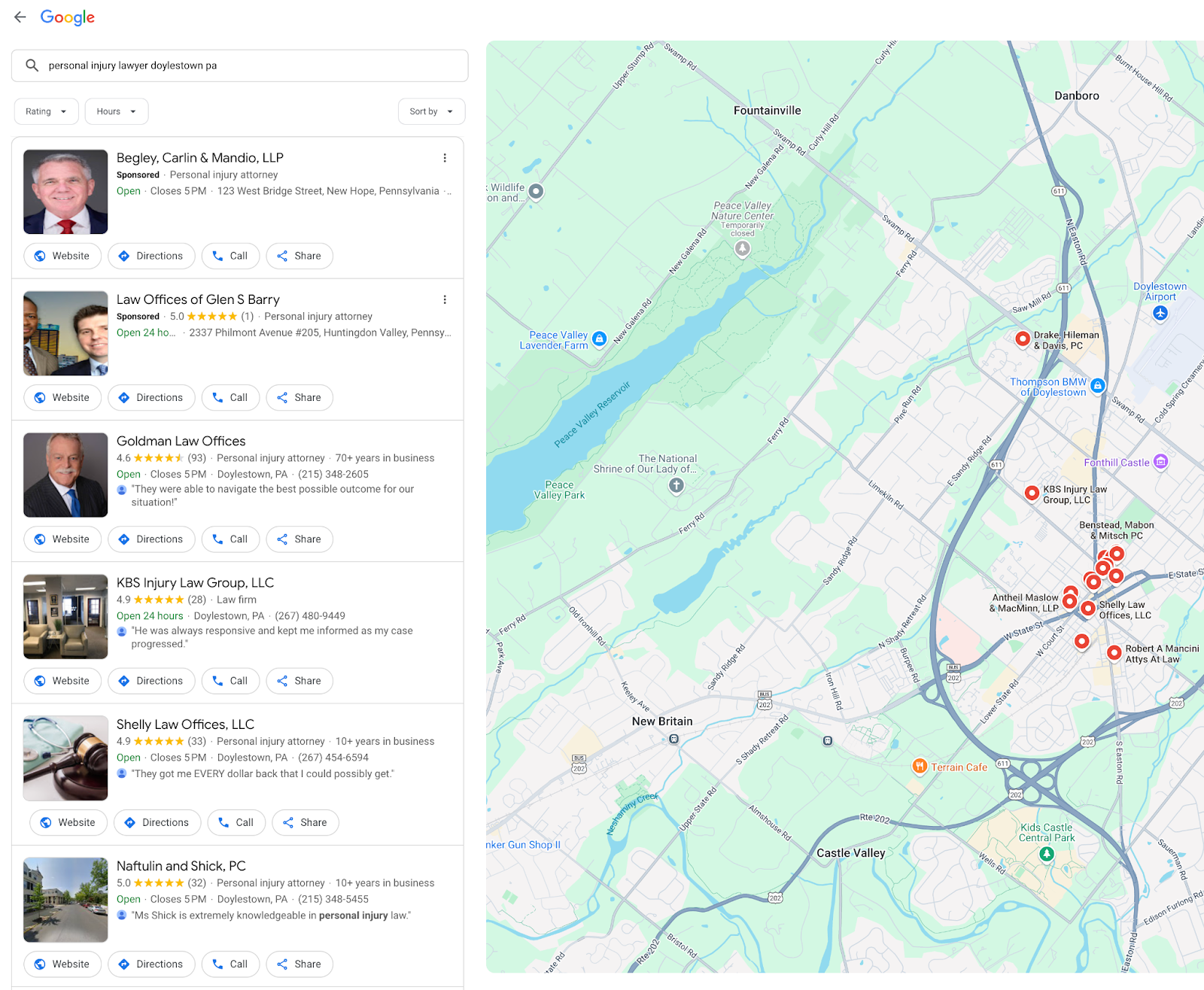 The example of the personal injury law firms in Doylestown, Pennsylvania on Google Maps