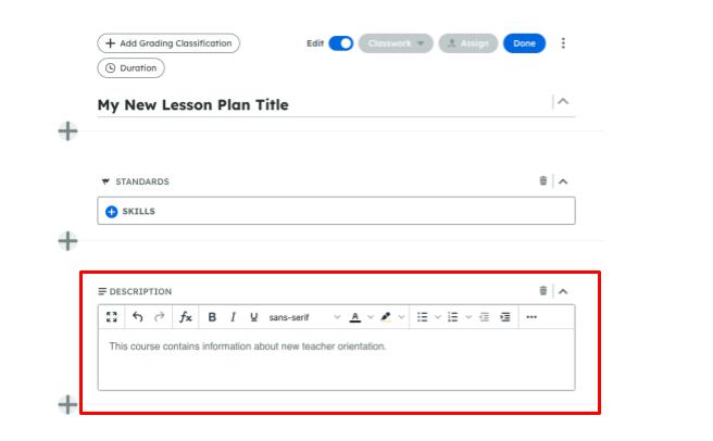 Screenshot of an online lesson plan editor with sections for title, standards, skills, and a description. The description box is highlighted. 