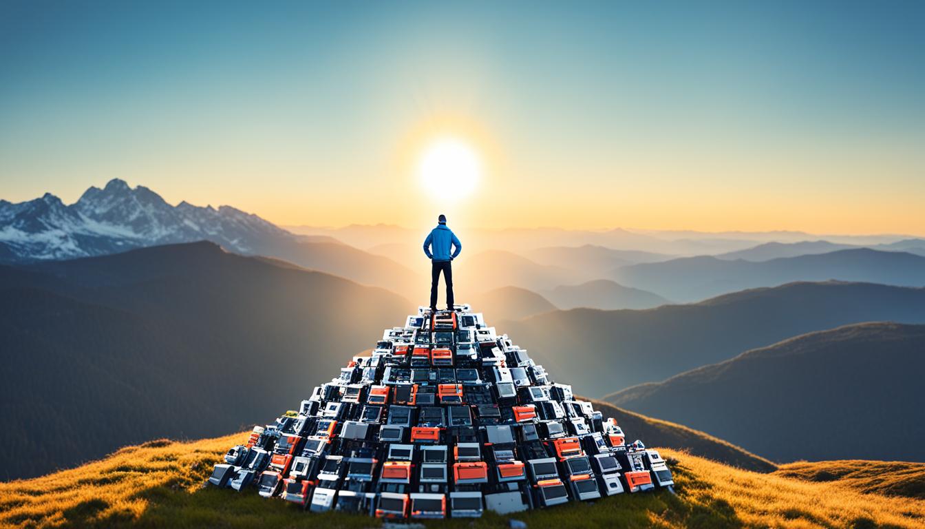 An image of a person standing on top of a mountain made out of computer hardware, with the sun rising in the background, representing the achievement and advancement that comes with obtaining the CompTIA CySA+ certification. The person should appear confident and determined, looking out into the horizon.