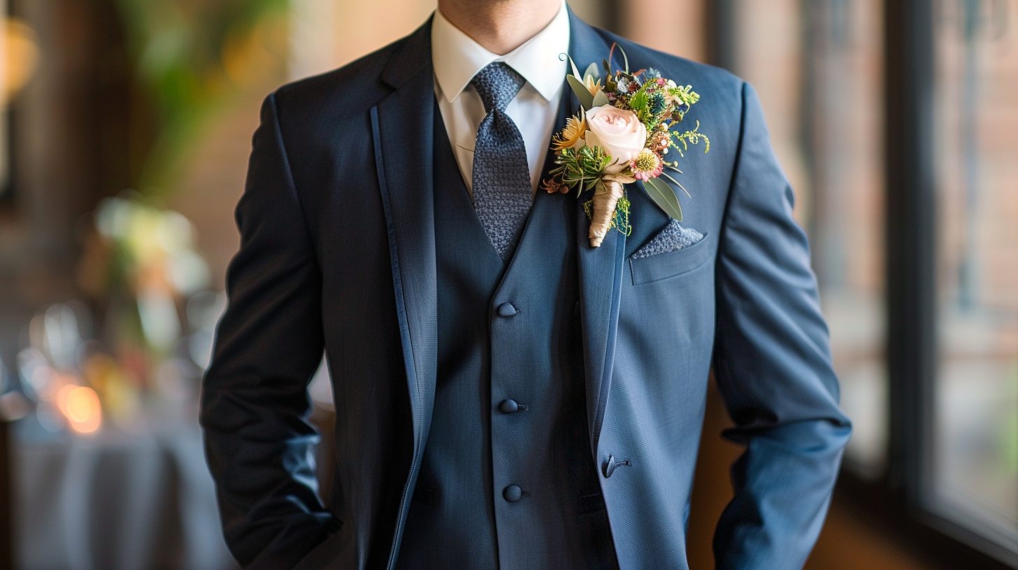 Groom in a dark gray or blue three-piece suit (with vest), boutonnière on lapel, formal indoor or church wedding setting, standing confidently with hands in pockets, structured and refined look