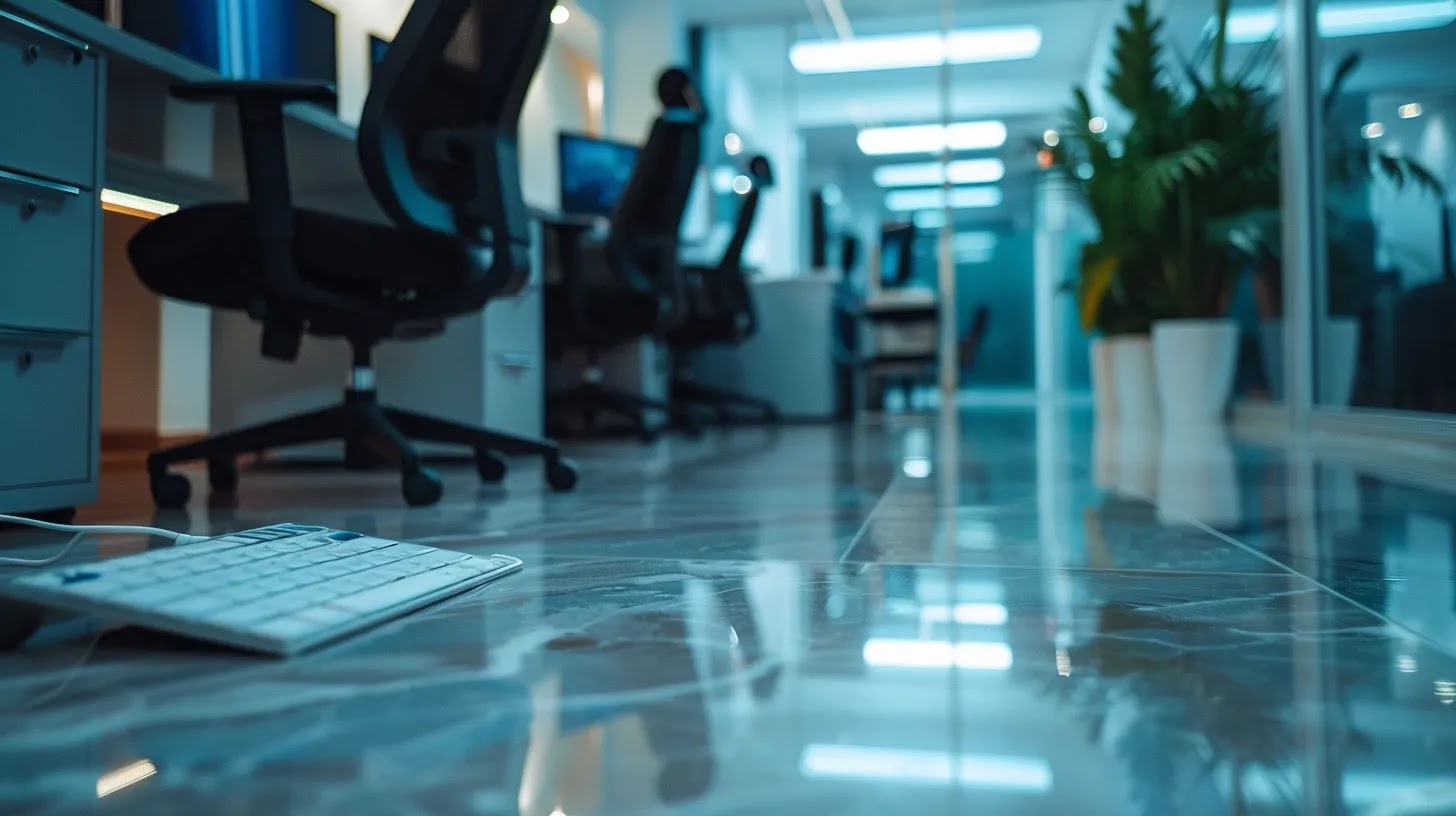 a pristine office environment showcases a professional cleaning service in action, with gleaming surfaces and meticulous attention to detail on a disinfected computer keyboard and shining tile floors, emphasizing the importance of consistent, reliable cleaning results for a healthier workspace.