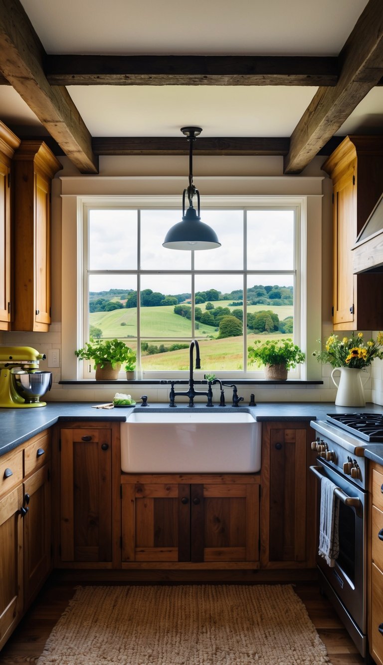 A cozy farmhouse kitchen with wooden cabinets, vintage decor, and exposed beams. A large farmhouse sink sits beneath a window overlooking rolling green hills