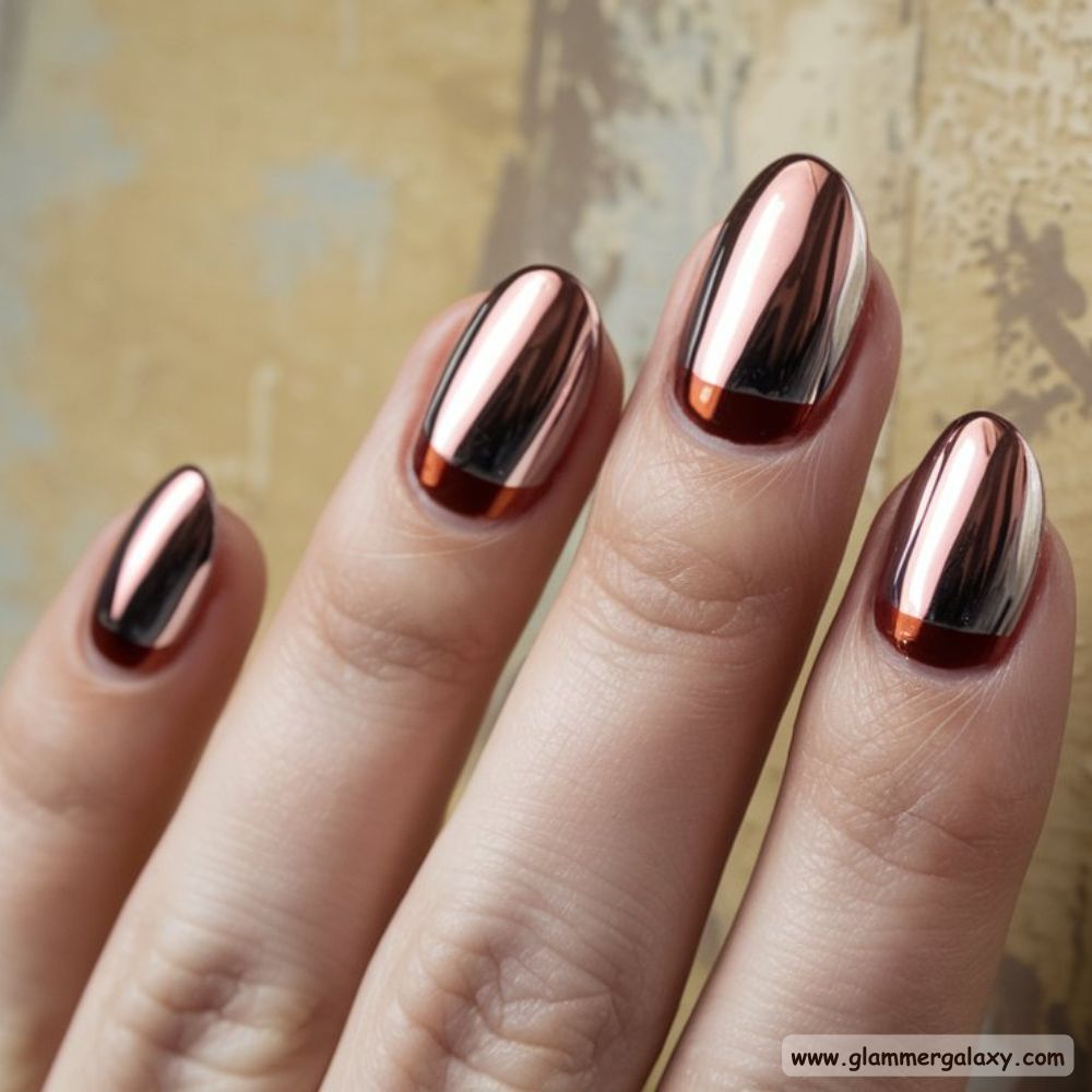 Neutral Winter Nails having Sleek Brown Chrome
