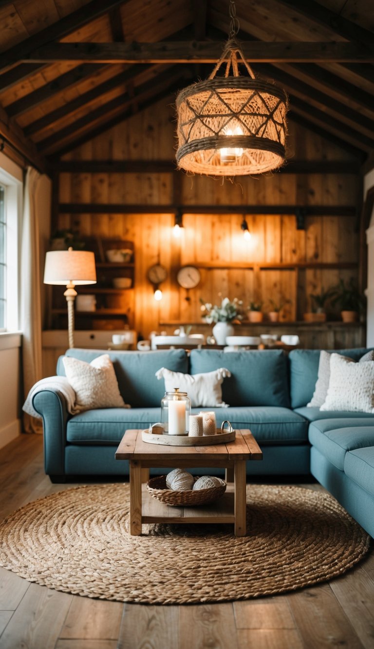 A cozy living room with a woven jute rug as the focal point, surrounded by rustic barnhouse decor and warm lighting