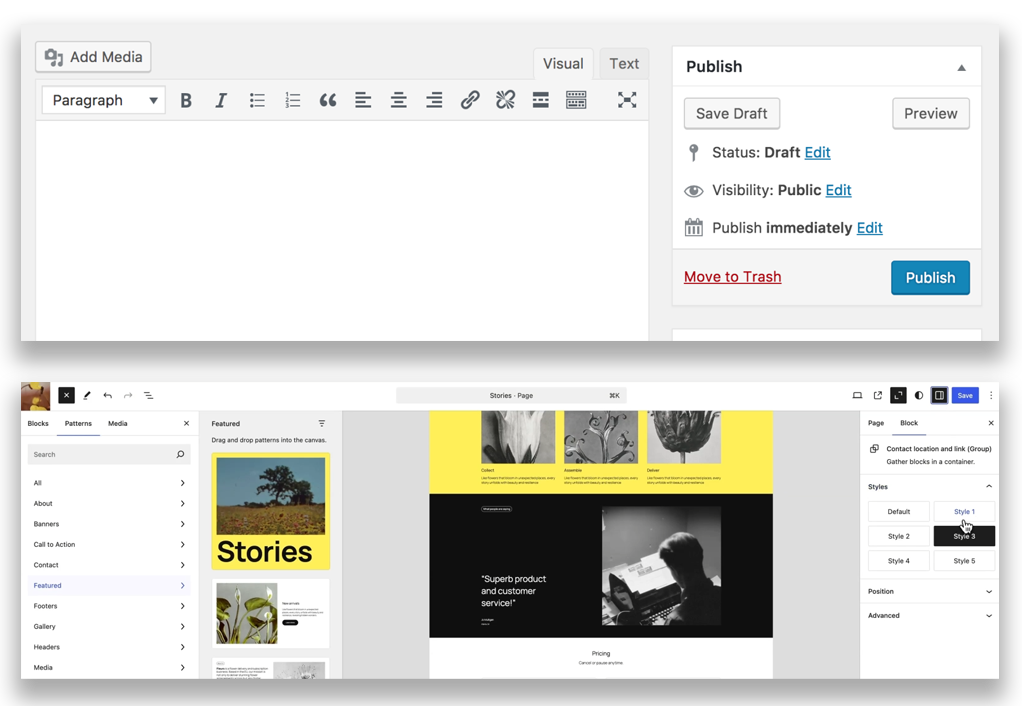 Comparison image between the old WordPress classic editor and the new block editor.