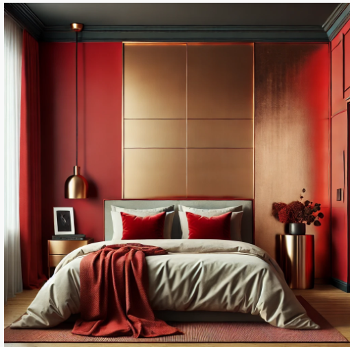 A chic bedroom with vibrant red walls complemented by vintage copper accents.
