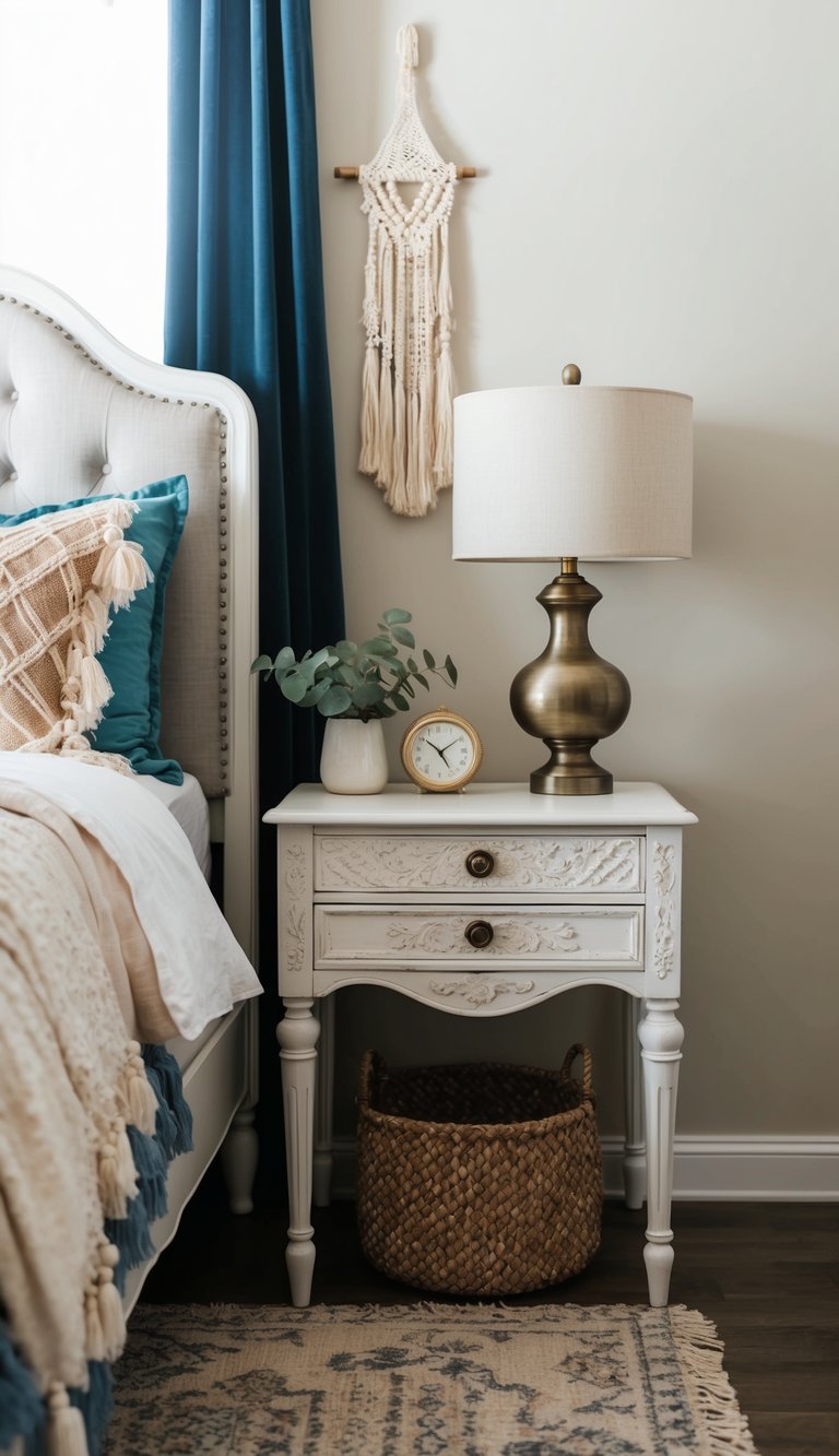 A shabby chic bedside table adorned with bohemian decor in a cozy bedroom setting