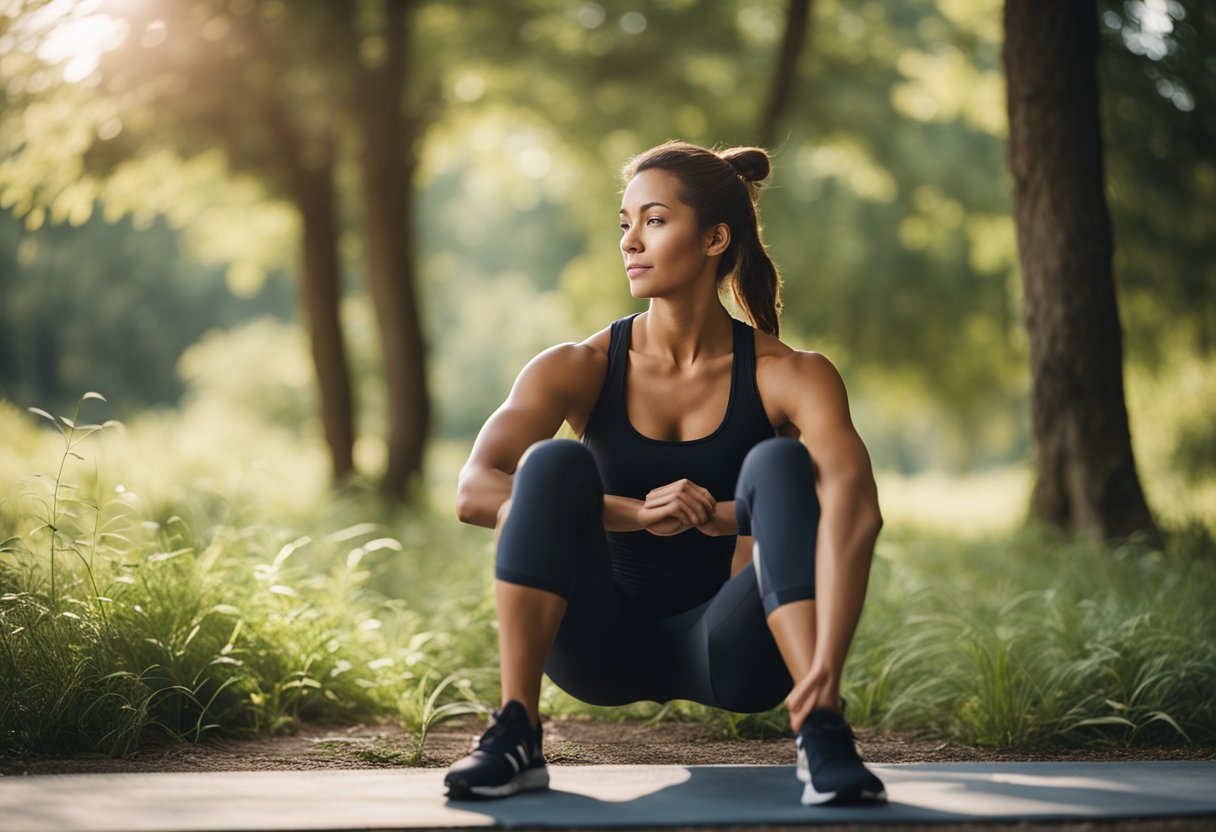 A person stretching in a peaceful, quiet setting after a workout, surrounded by nature and feeling a sense of relaxation and rejuvenation