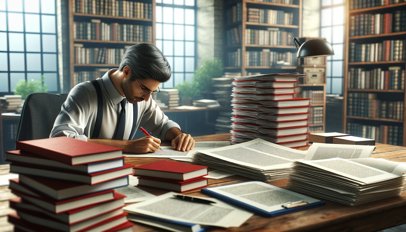 A man in a suit writing on papers stacked on a desk, thinking about if authors are rich, surrounded by piles of books and documents, in a library setting with bookshelves and natural light.