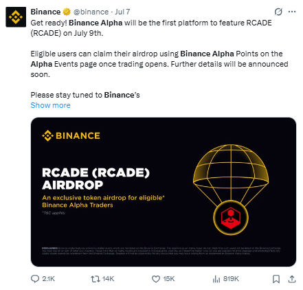 RCADE Listing on Binance Alpha, Gaming Revolution की शुरुआत