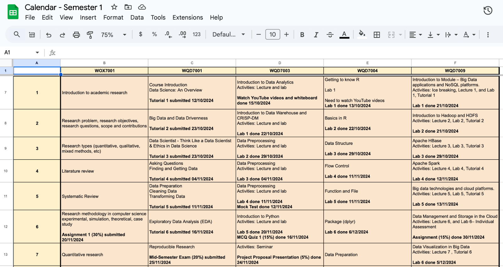 calendar for semester 1