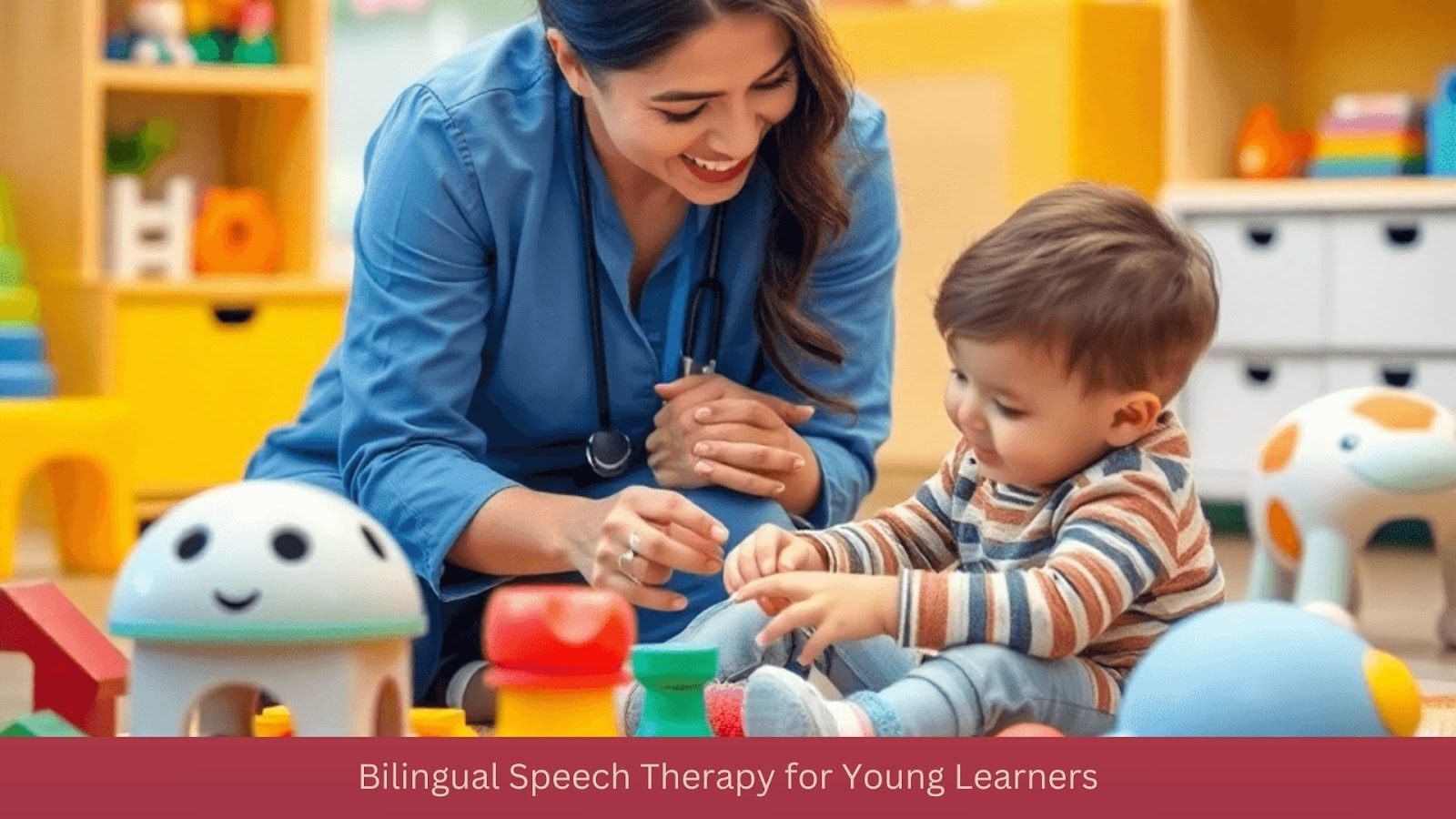 peech therapist engaging with a young child in a colorful playroom filled with toys during a bilingual speech therapy session
