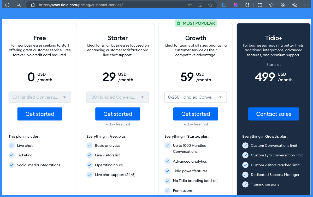 Tidio chatbot builder pricing page