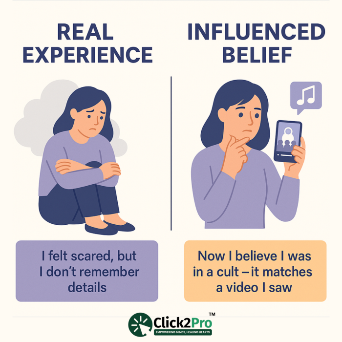 Infographic comparing real trauma memory with influenced belief from social media content