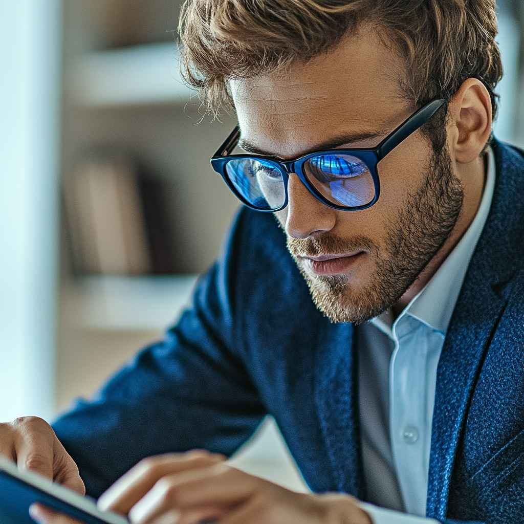 An analytical team member meticulously examining data on a digital tablet, illustrating the precise, detail-oriented “C” personality type.