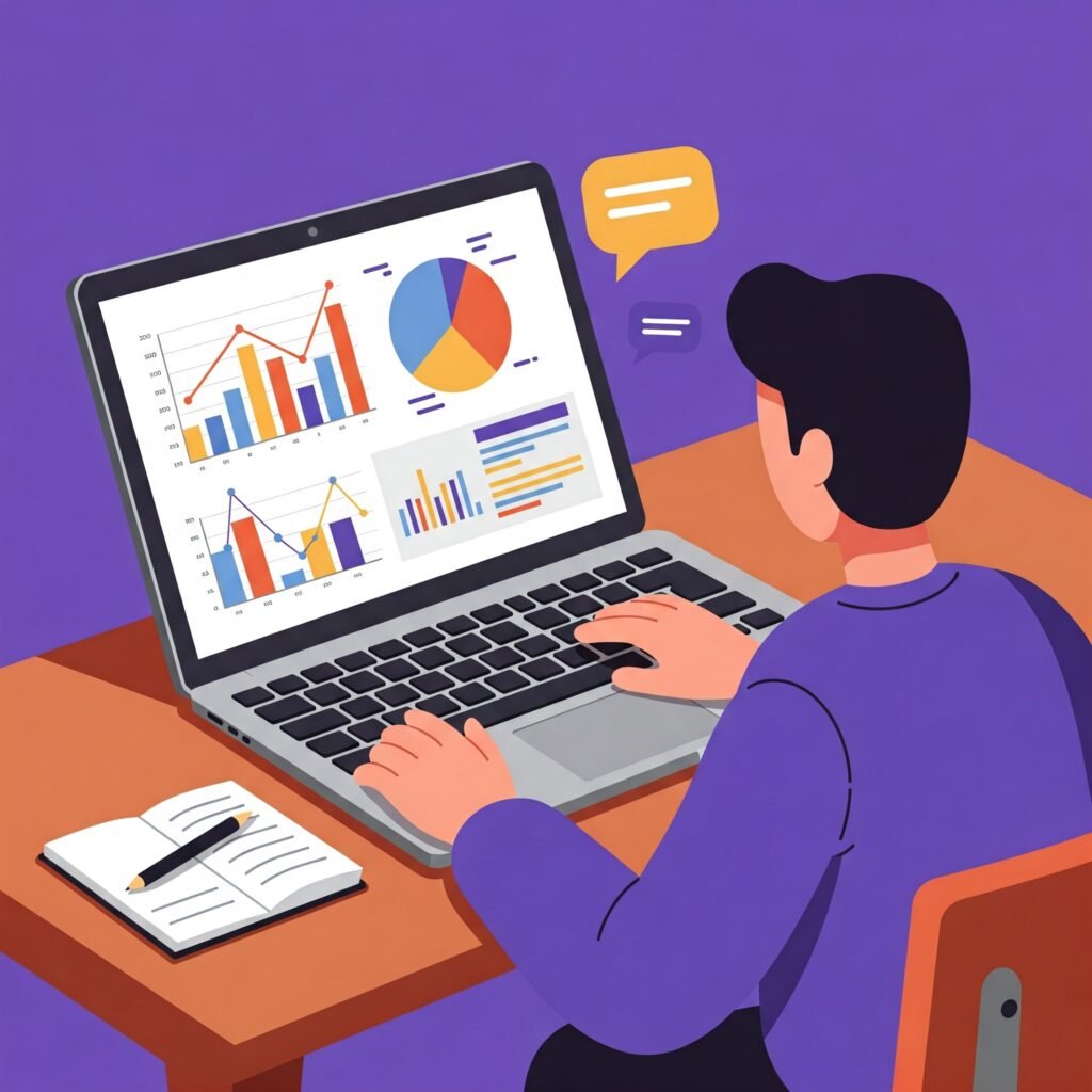 Illustration of a student analyzing colorful charts and graphs on a laptop using data visualization tools