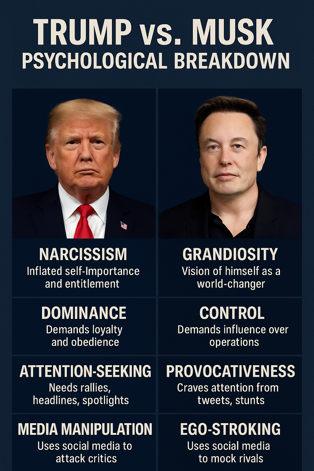 Infographic comparing the psychological traits of Donald Trump and Elon Musk