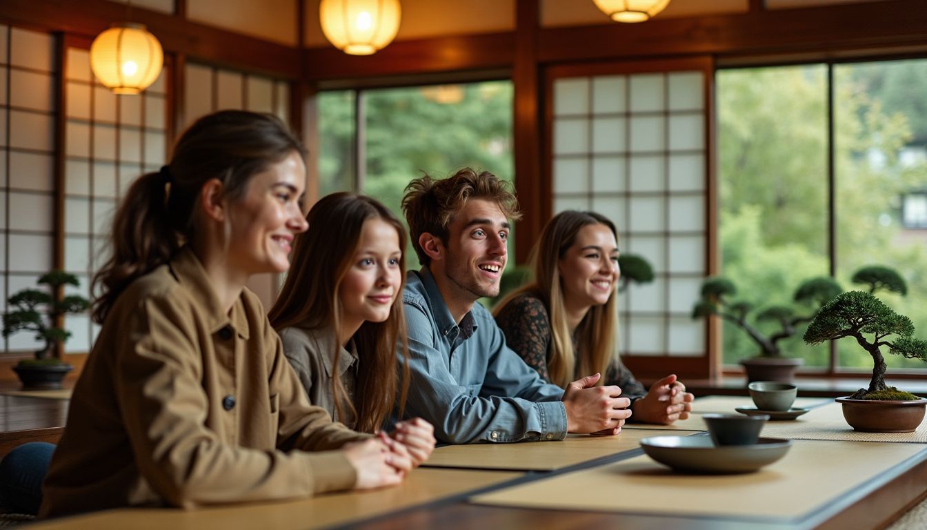 A group of American teenagers visiting a traditional Japanese tea house. A group of American teenagers visiting a traditional Japanese tea house.