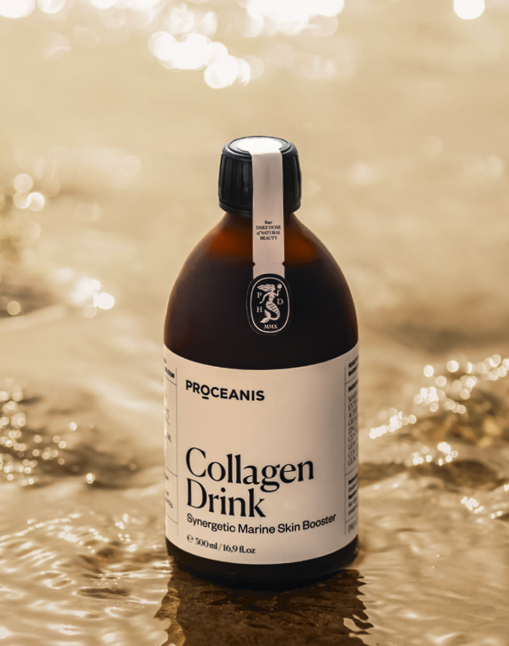 A bottle of collagen drink in water

Description automatically generated