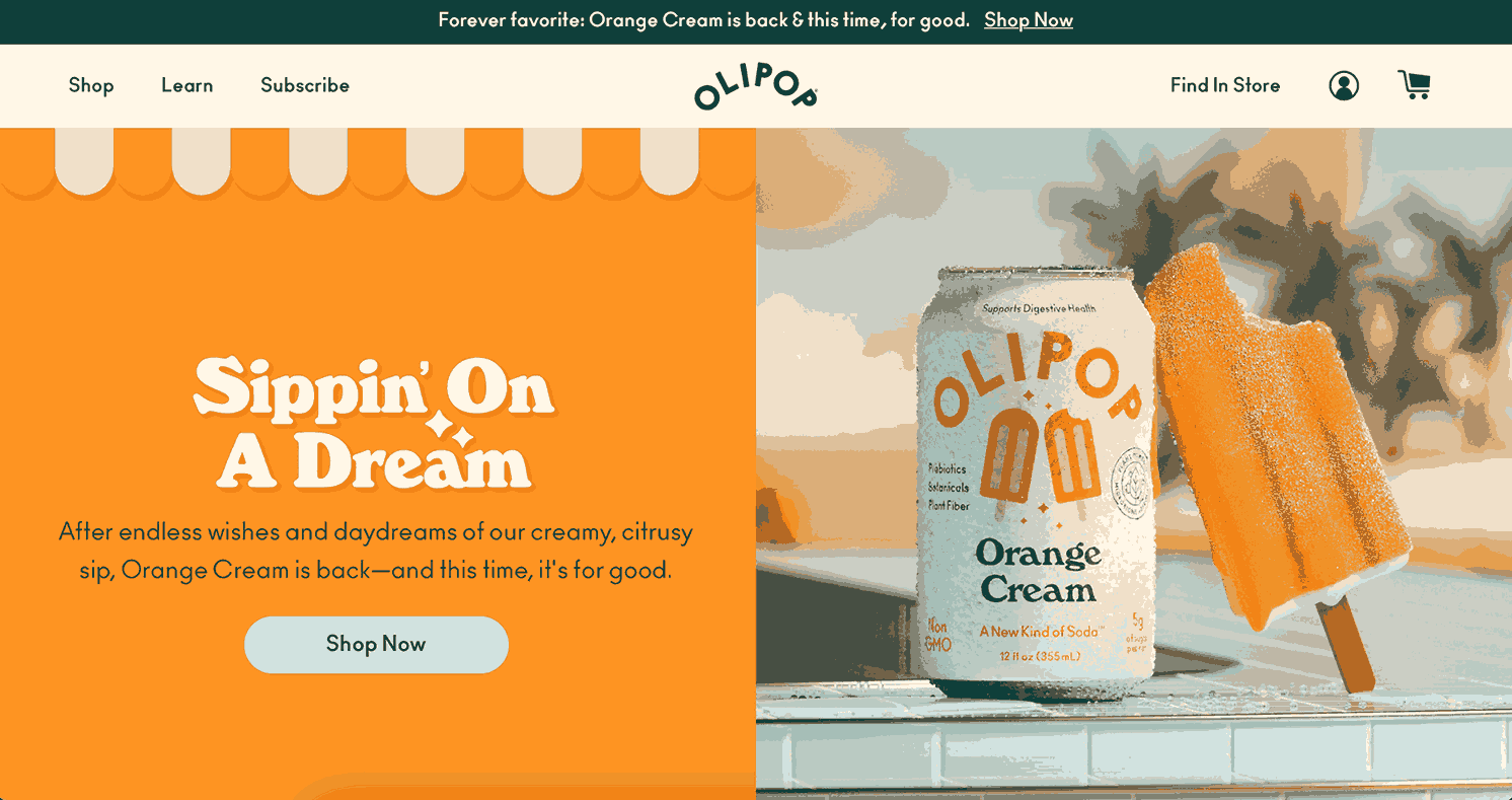A screenshot of Olipop homepage 