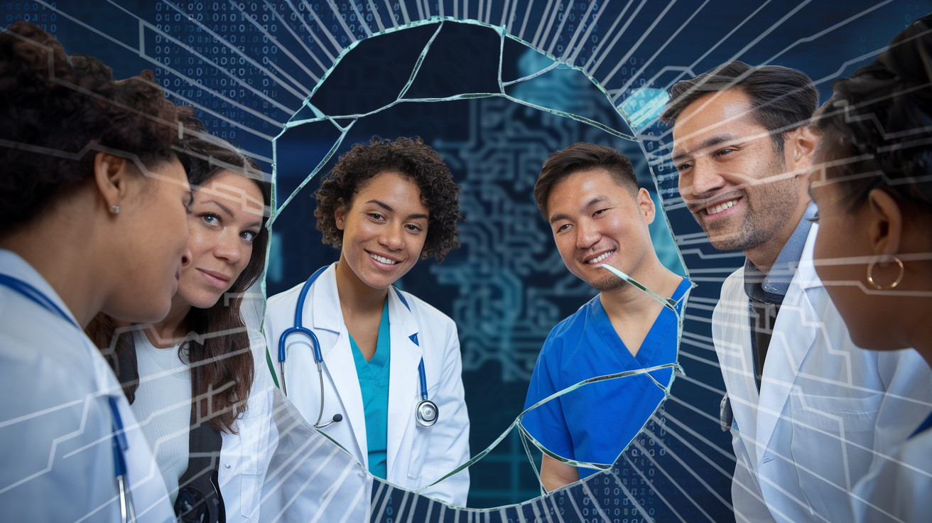 Create a realistic image of a diverse group of medical professionals looking at their reflections in a large, cracked mirror, with AI-generated patterns visible in the cracks. The professionals include a black female doctor, an Asian male nurse, and a white female therapist. In the background, faint outlines of binary code and neural networks can be seen, symbolizing AI technology in mental health care.