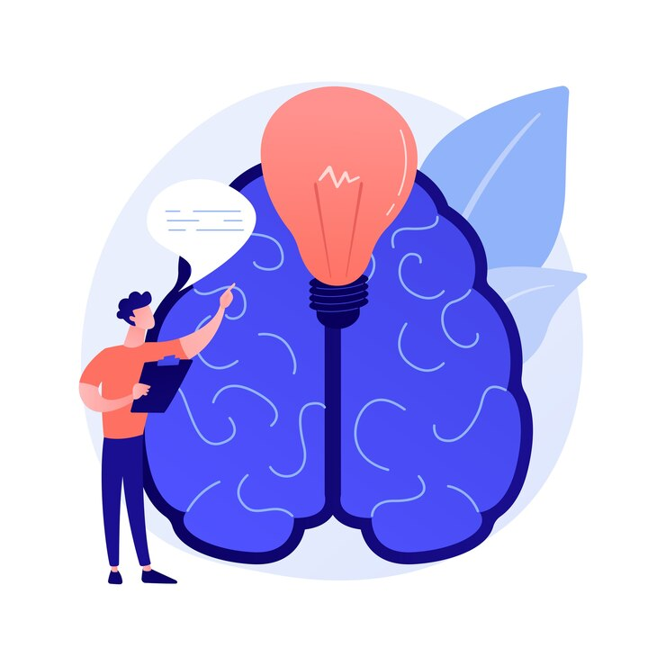 Graphic of a person pointing to a lightbulb in front of a graphic of a brain
