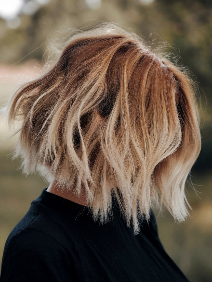 19. Inverted Tousled Blonde Balayage Bob