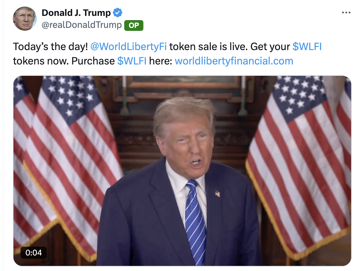 <a href="https://x.com/realDonaldTrump/status/1846326266011762820">Donald J. Trump on X: "Today’s the day! @WorldLibertyFi token sale is live. Get your $WLFI tokens now. Purchase $WLFI here: https://t.co/jg1tOaHHBy https://t.co/j8ewxa13wp" / X</a>