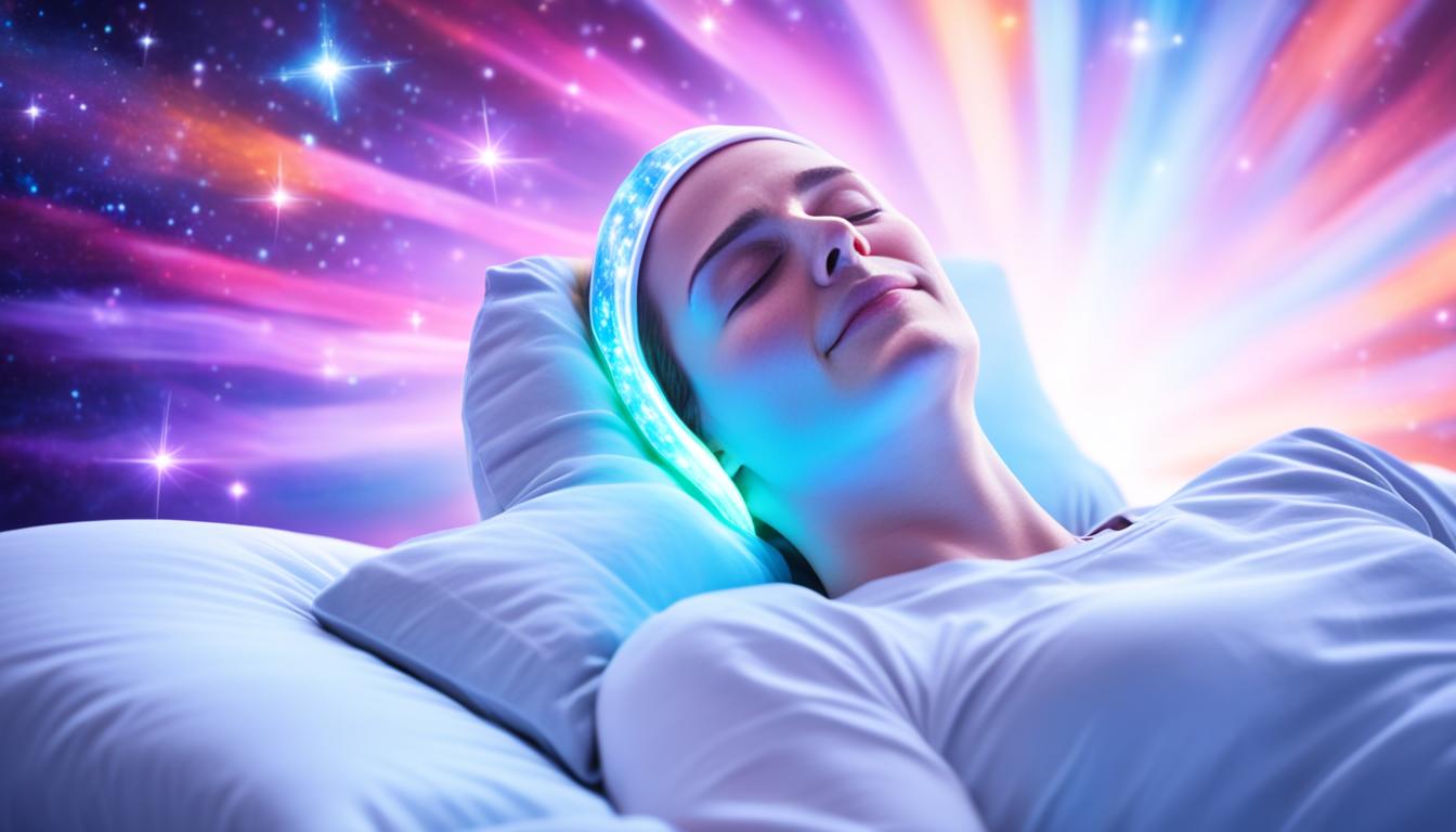 A person lying on a bed with eyes closed and hands on their chest, surrounded by a bright aura of light. The pillow under their head is glowing with a pulsing energy, and sparkling stars and galaxies fill the background.