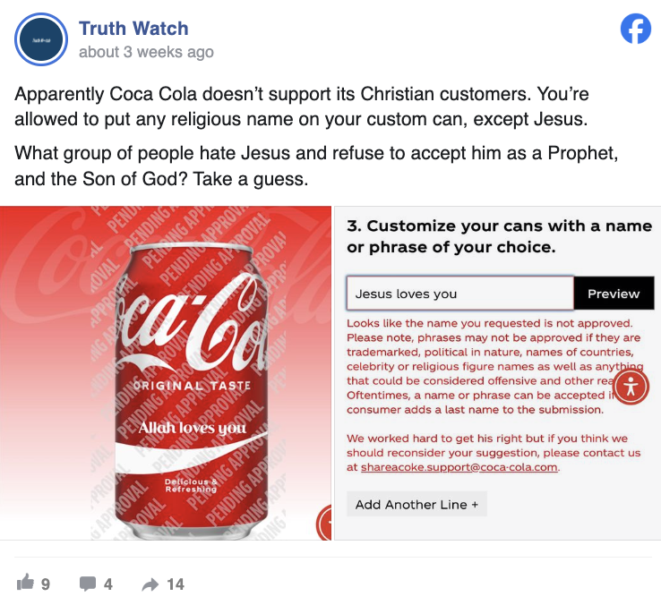 Does Coca-Cola prohibit “Jesus Loves You” on custom cans? - Fact 