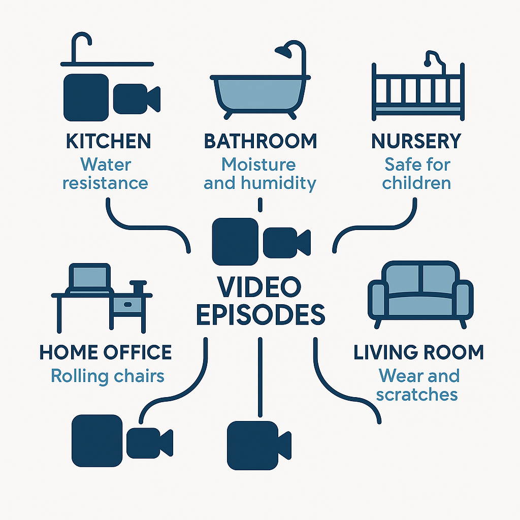 Room-by-room video content strategy for flooring business digital marketing showing kitchen, bathroom, basement and office flooring solutions.