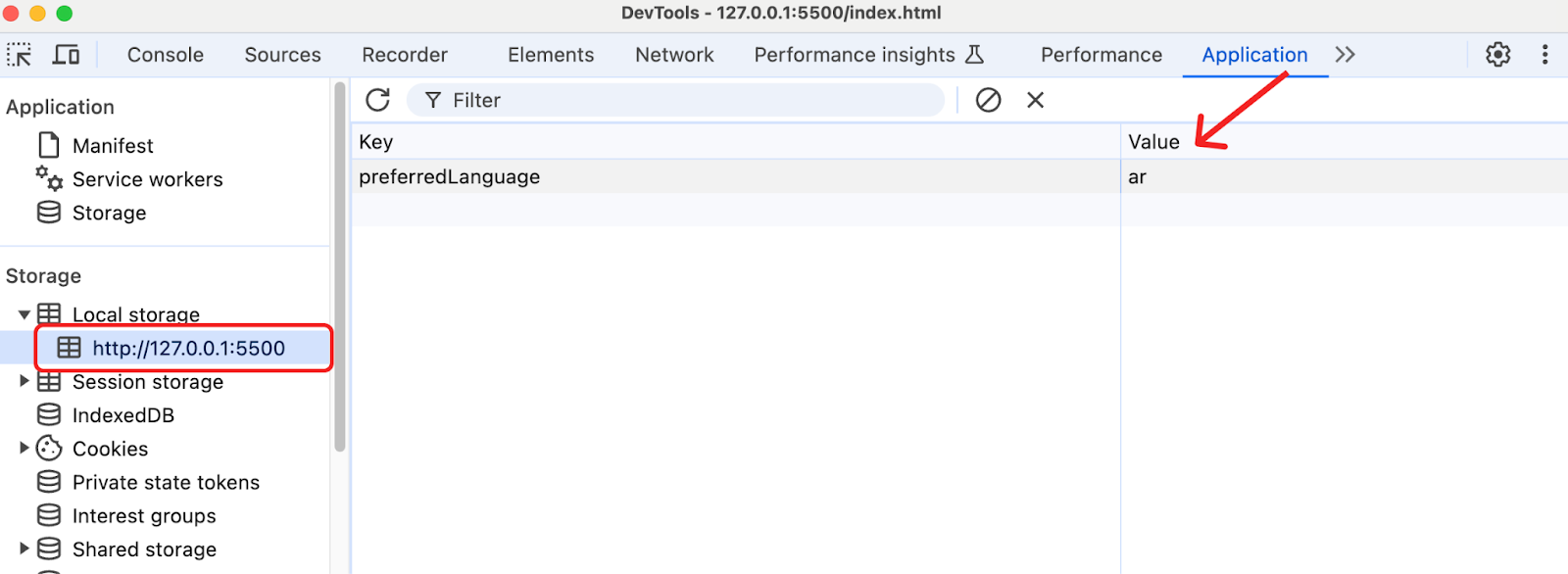 A screenshot of the Application tab in the Chrome DevTools interface. It shows the Storage section with "Local storage" for "http://127.0.0.1:5500" highlighted, and a key-value pair where the key is "preferredLanguage" and the value is "ar".