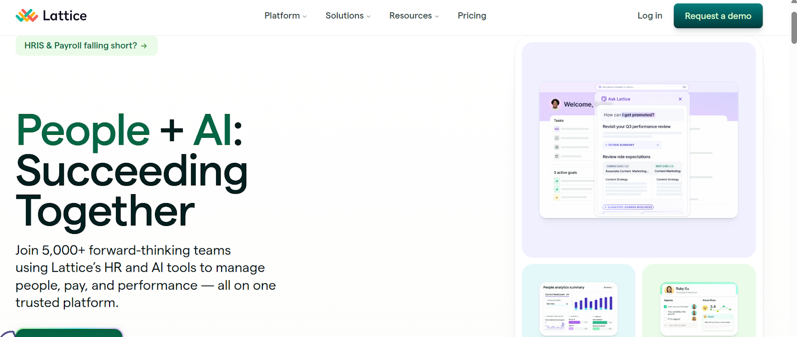 Lattice homepage showcasing its AI-powered HR platform with tools for managing goals, performance reviews, and employee insights, alongside a demo request button.