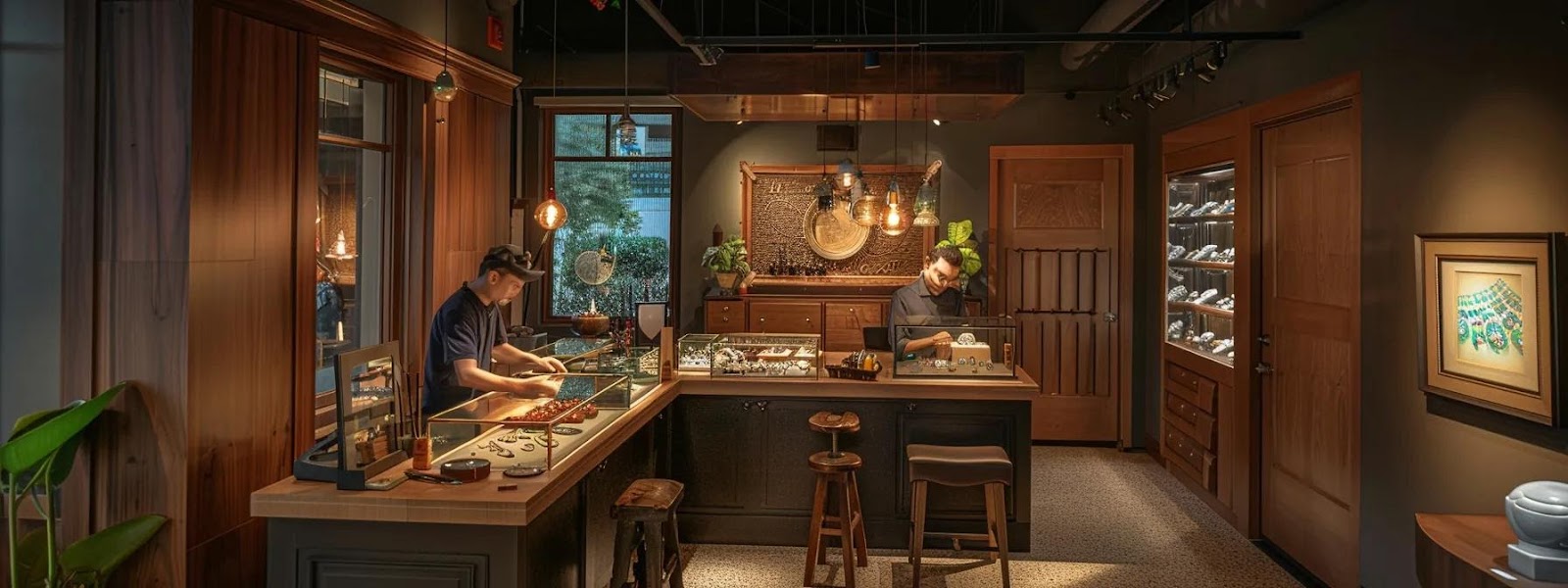 a warmly lit, intimate jewelry studio in tampa showcases skilled artisans passionately crafting unique pieces, highlighting the personal connection and traditional craftsmanship that defines local jewelers.