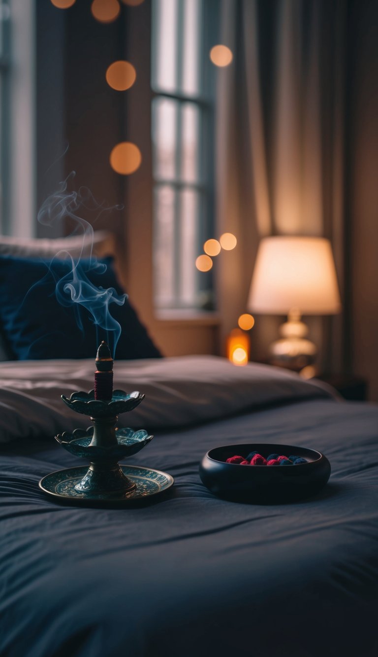 A dark, feminine bedroom with a mystical incense holder