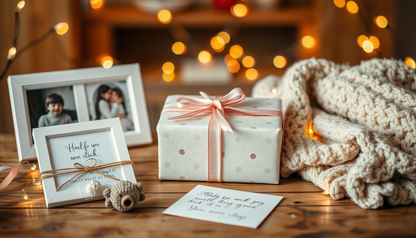 A cozy scene showcasing a beautifully wrapped gift box surrounded by sentimental items, like a framed photo, a hand-written letter, and a plush blanket, all arranged on a wooden table decorated with twinkling fairy lights, soft pastel colors and a warm, inviting atmosphere.