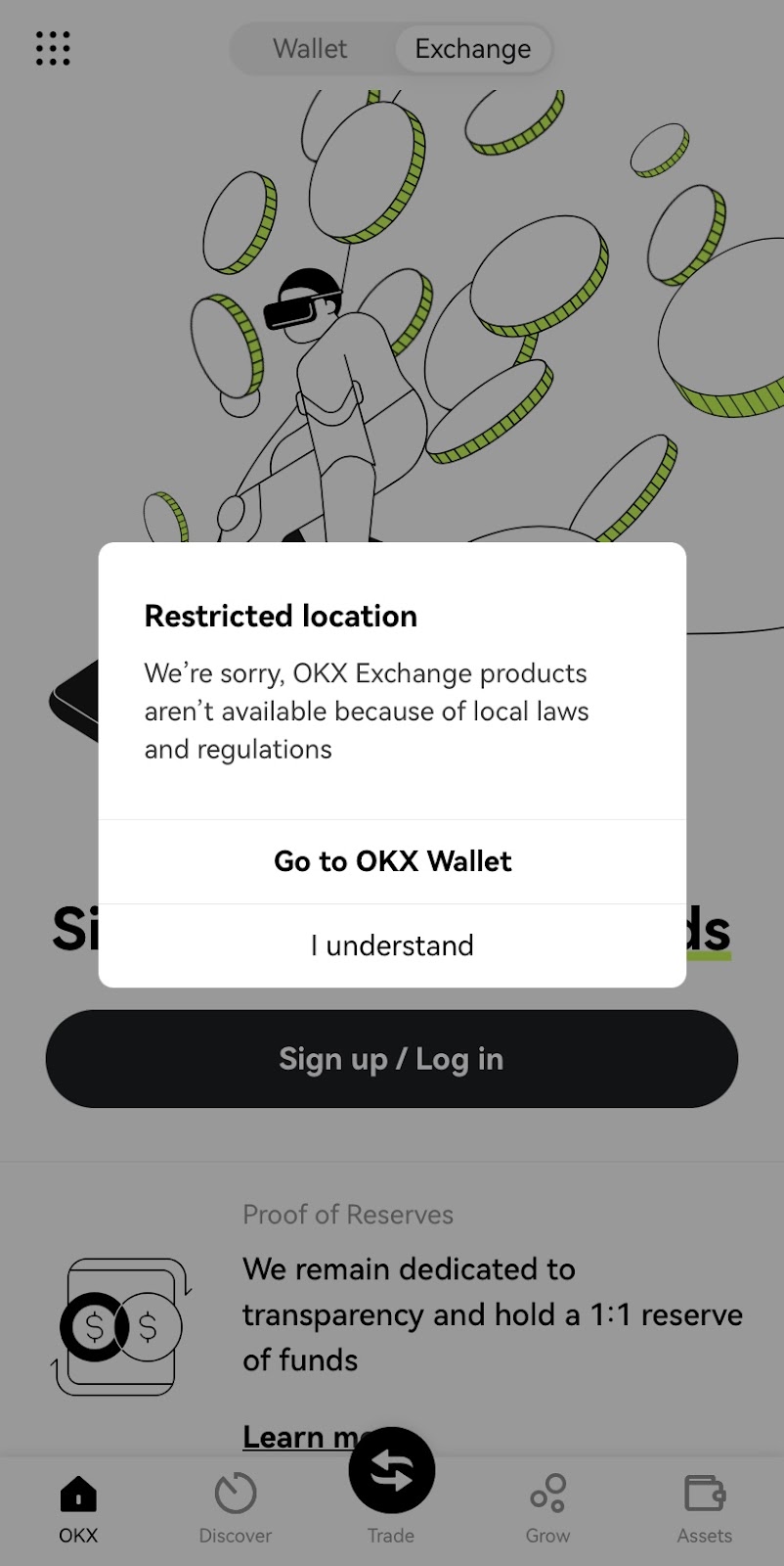  Image showing a restriction message on OKX Mobile App based on a country’s local laws and regulation.