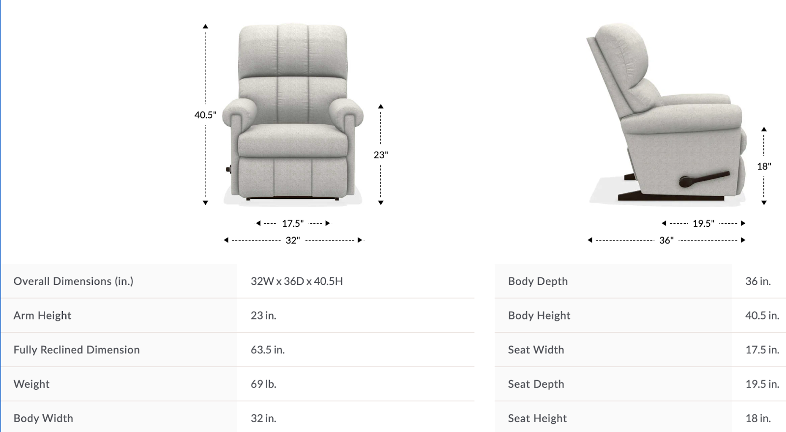 vail wall recliner size and dimensions