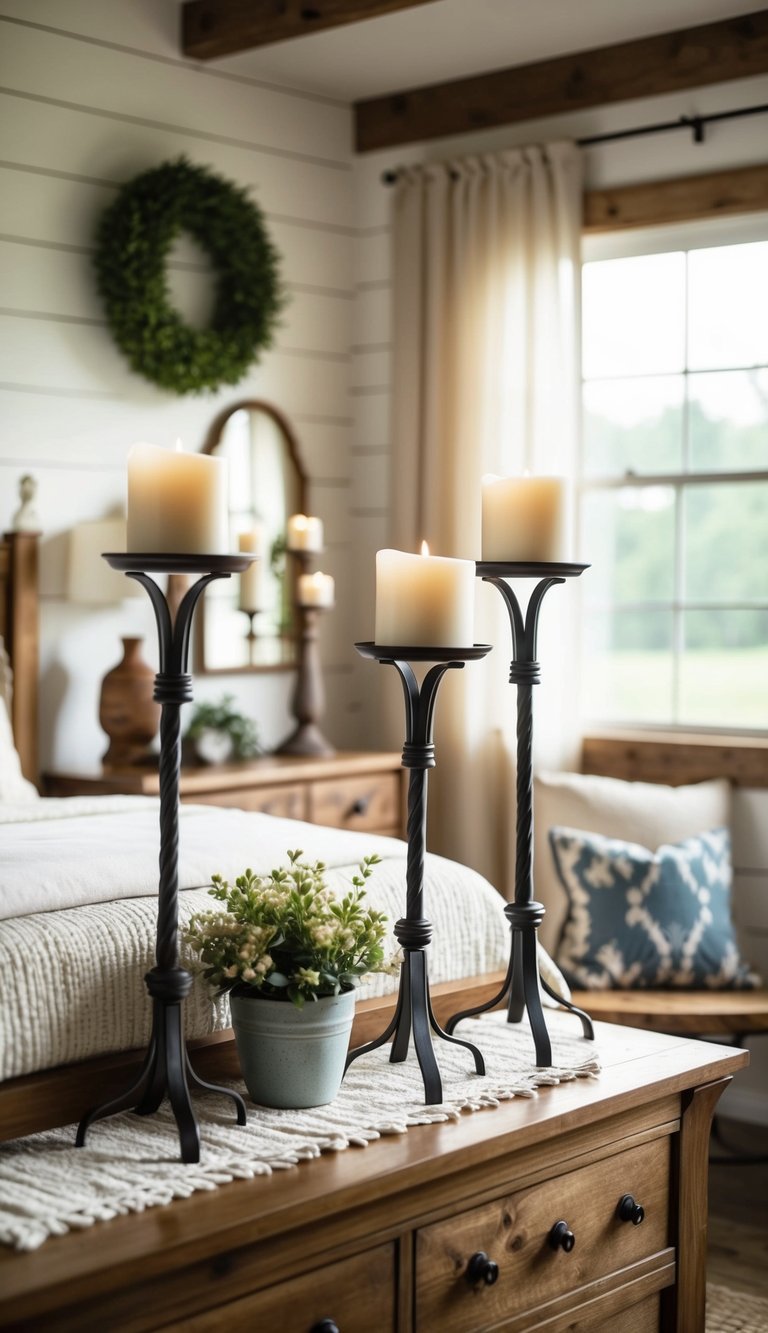 A cozy farmhouse bedroom with rustic decor, featuring wrought iron candle holders on a wooden dresser