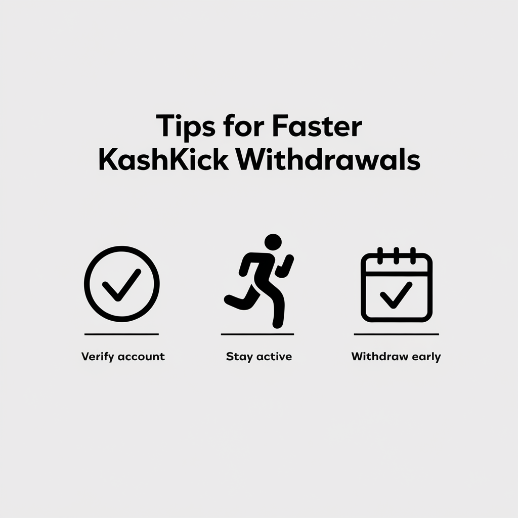 Tips for Faster KashKick Withdrawals infographic showing three icons with captions: Verify Account, Stay Active, and Withdraw Early