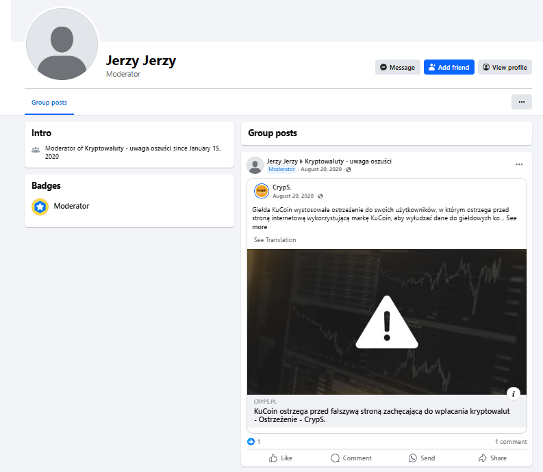 Fałszywa grupa „Kryptowaluty - uwaga oszuści”. Nie ufaj im! - INFBusiness