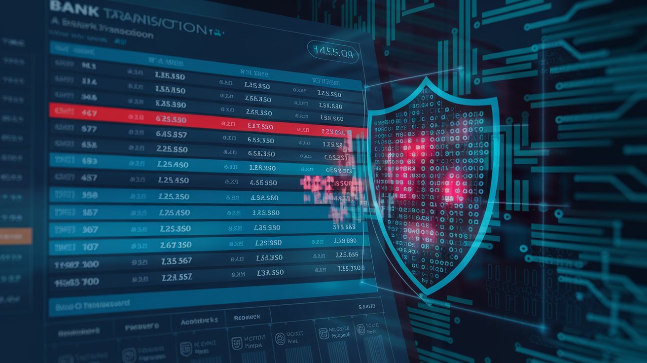 AI-powered system analyzing bank transactions for fraud detection with flagged suspicious activities on a dashboard.