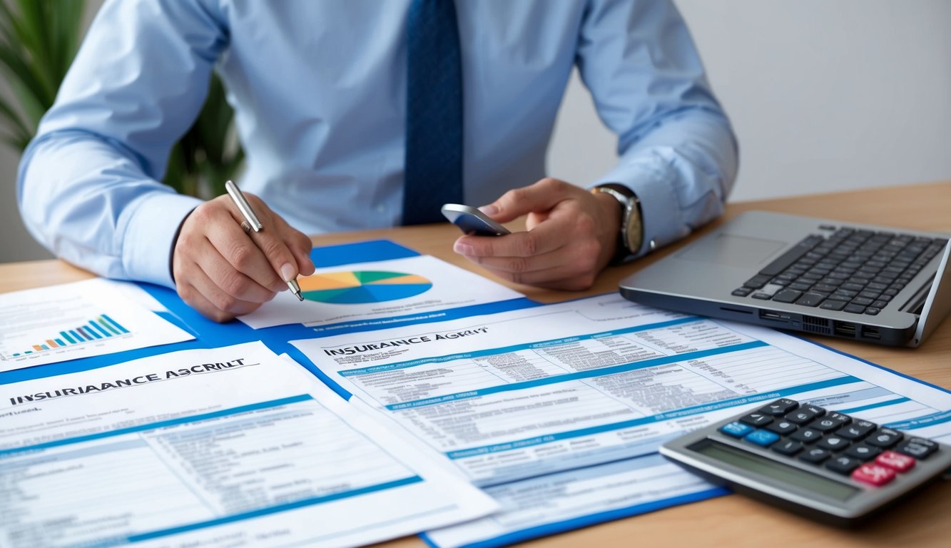 A desk with various insurance policy documents, a laptop, and a calculator. A person talking to an insurance agent on the phone