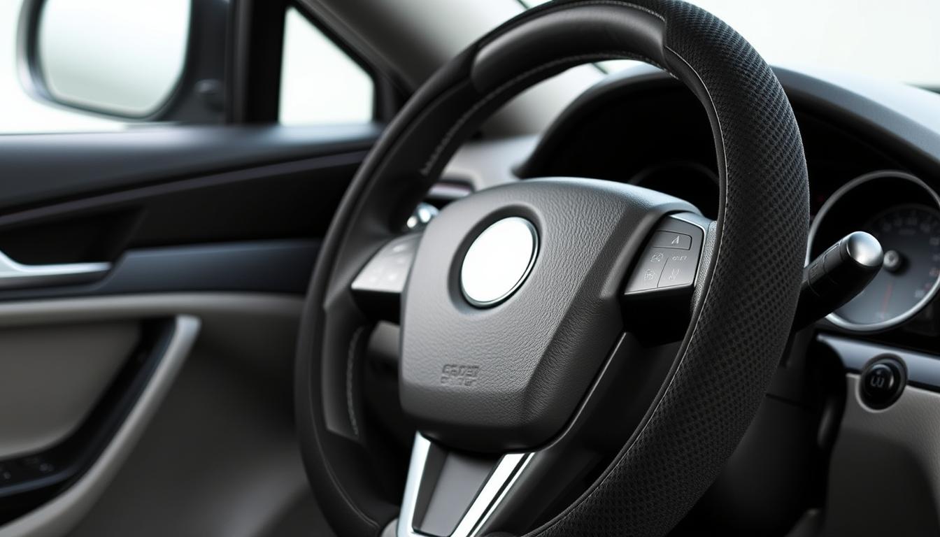 SEG Direct Microfiber Leather Steering Wheel Cover in black and gray