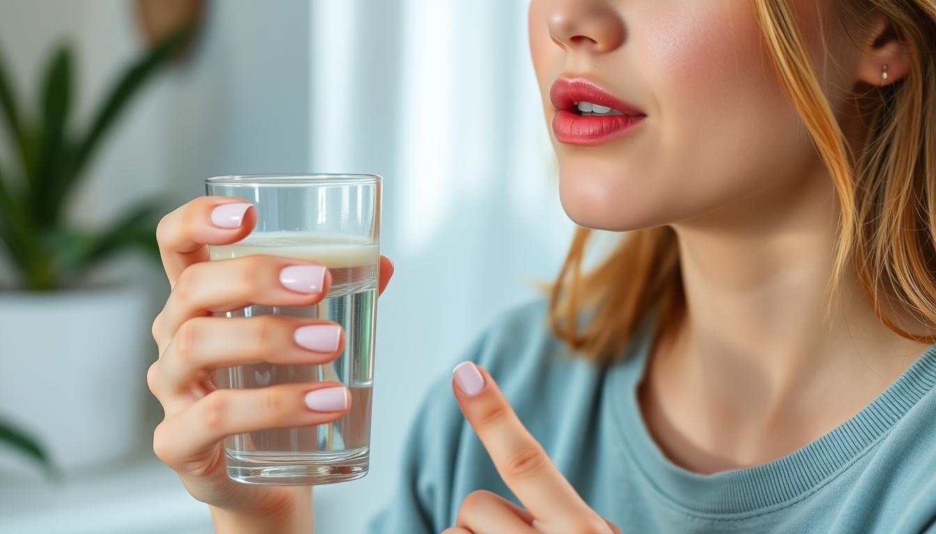 Woman applying natural lip balm while drinking water, demonstrating good lip care habits