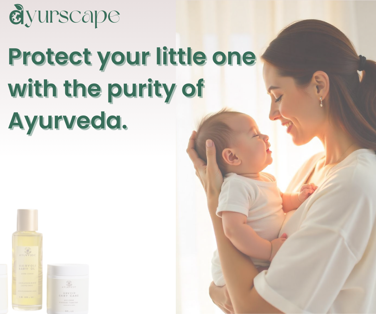 Buy Ayurvedic Products for Baby Care - Image of a mother holding her new born child with few herbal baby products