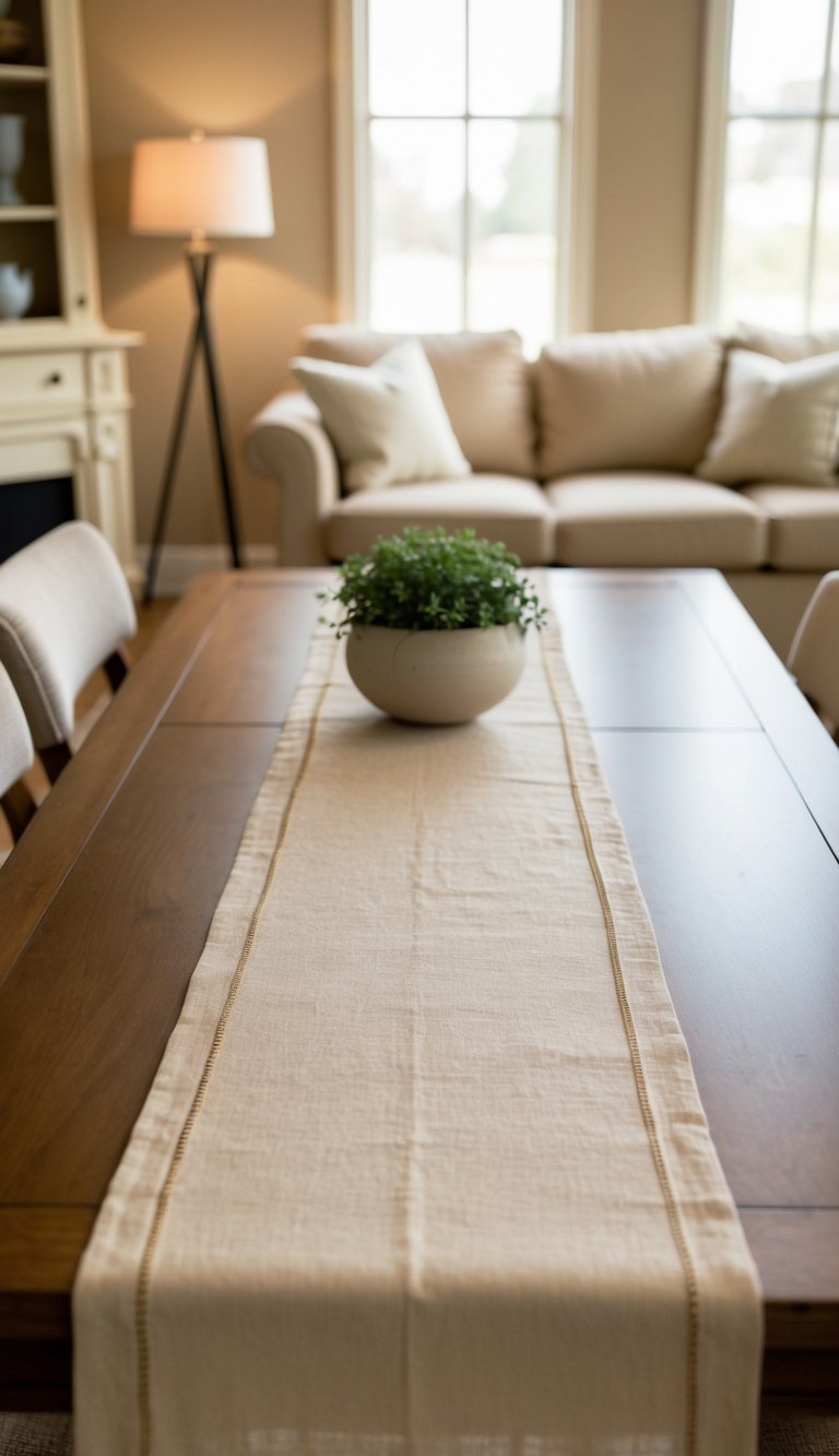 A beige linen table runner on a wooden table in a cozy living room with beige decor and warm lighting