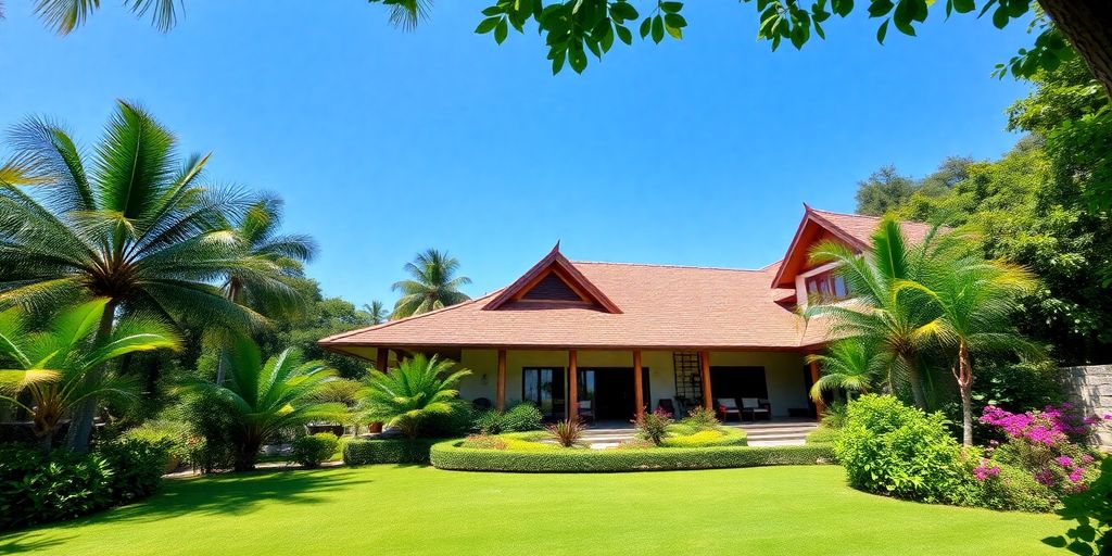 Tropical villa in Phuket with lush greenery and flowers.